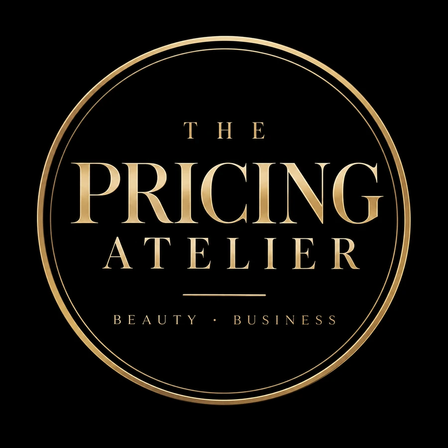 The Pricing Atelier circular black and gold identity with Beauty Business tagline